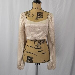 Le Lis Collection Beige Jacquard Satin Tie Back Blouse Women's Small Long Sleeve
